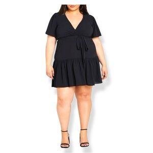 City Chic Catherine Faux Wrap Tiered Dress Tie Waist Short Sleeve Black 20 NWT